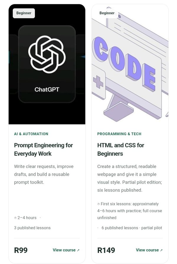 Phone view of an online course catalogue with course cards for Prompt Engineering for Everyday Work at R99 and HTML and CSS for Beginners at R149